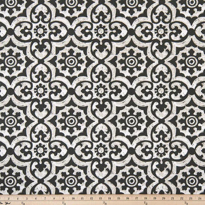 Black and white outdoor fabric with ornamental tile pattern, durable home decor textile