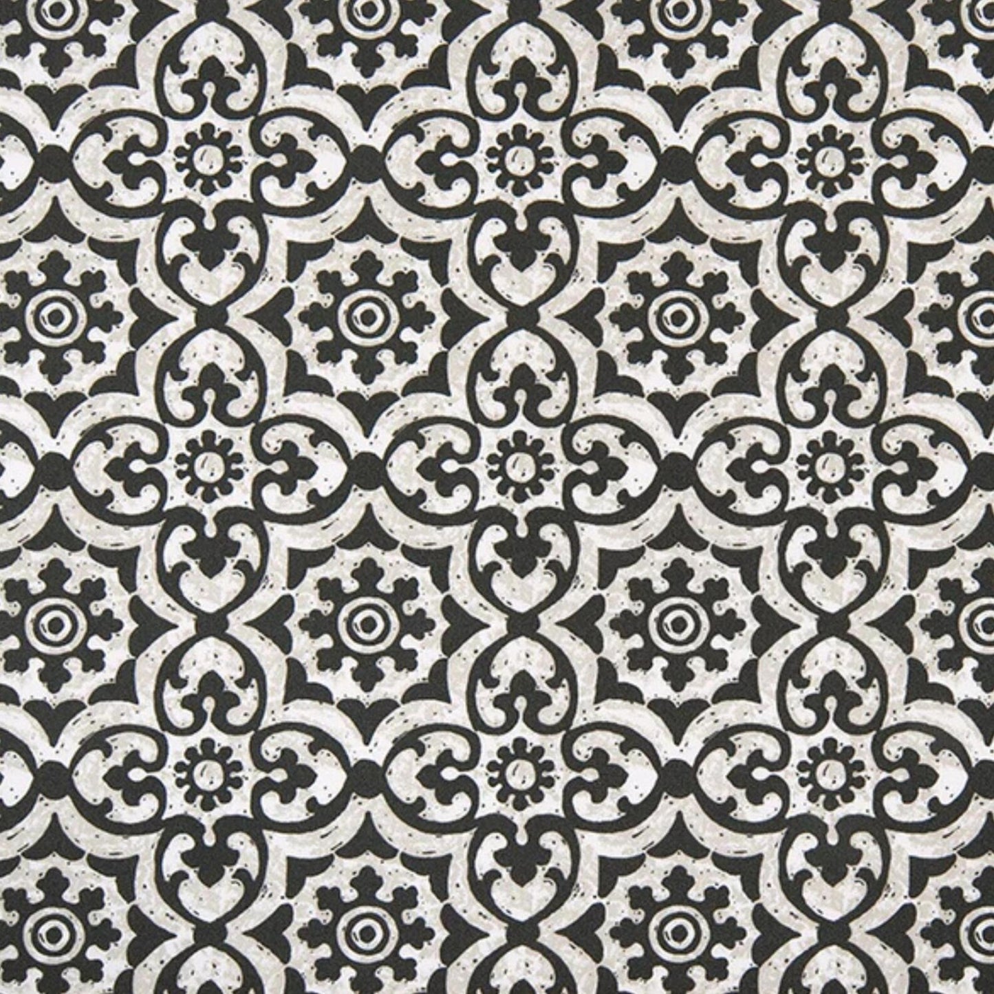 Black outdoor fabric with detailed geometric tile print, weatherproof upholstery fabric