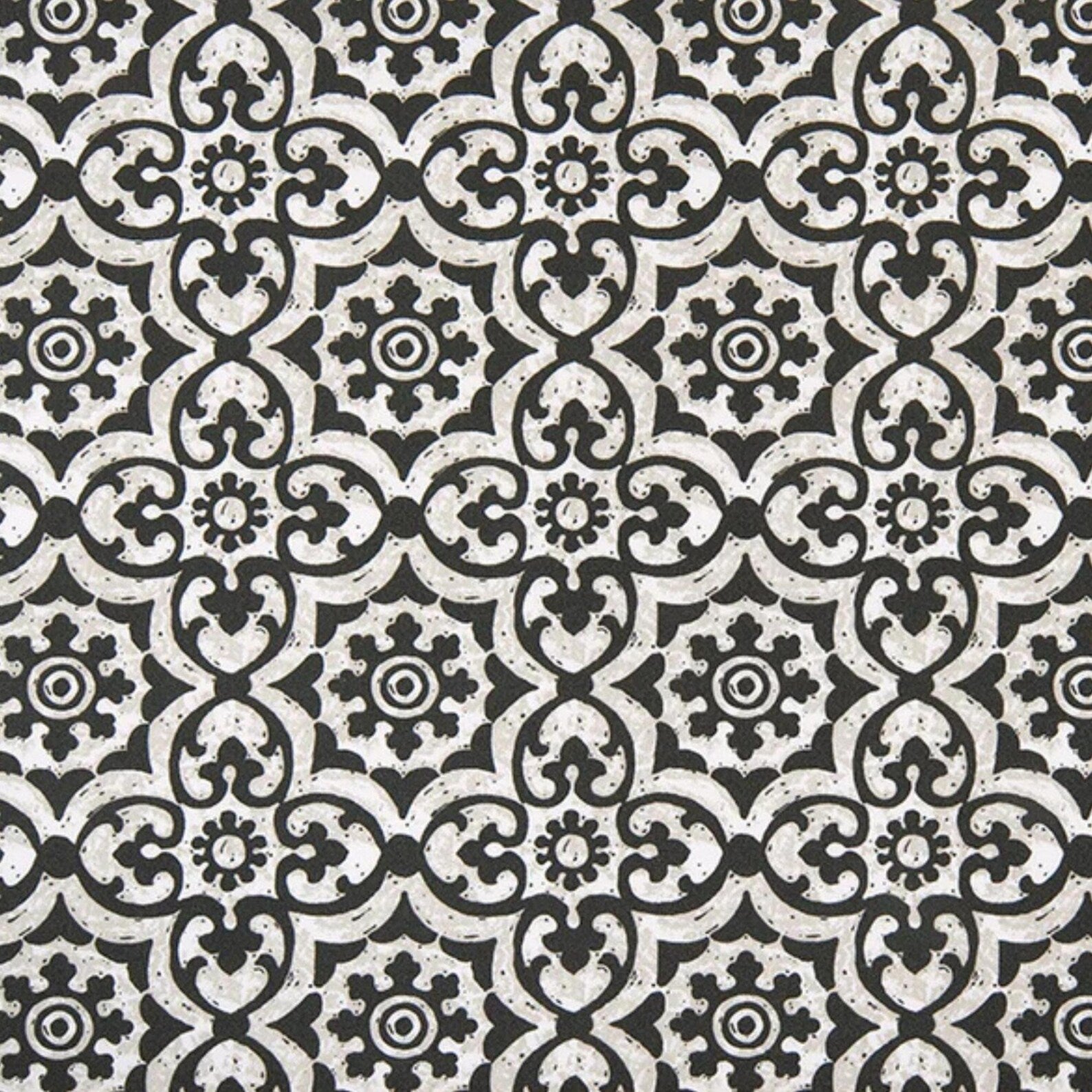 Black outdoor fabric with detailed geometric tile print, weatherproof upholstery fabric