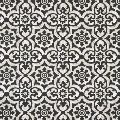 Black outdoor fabric with detailed geometric tile print, weatherproof upholstery fabric