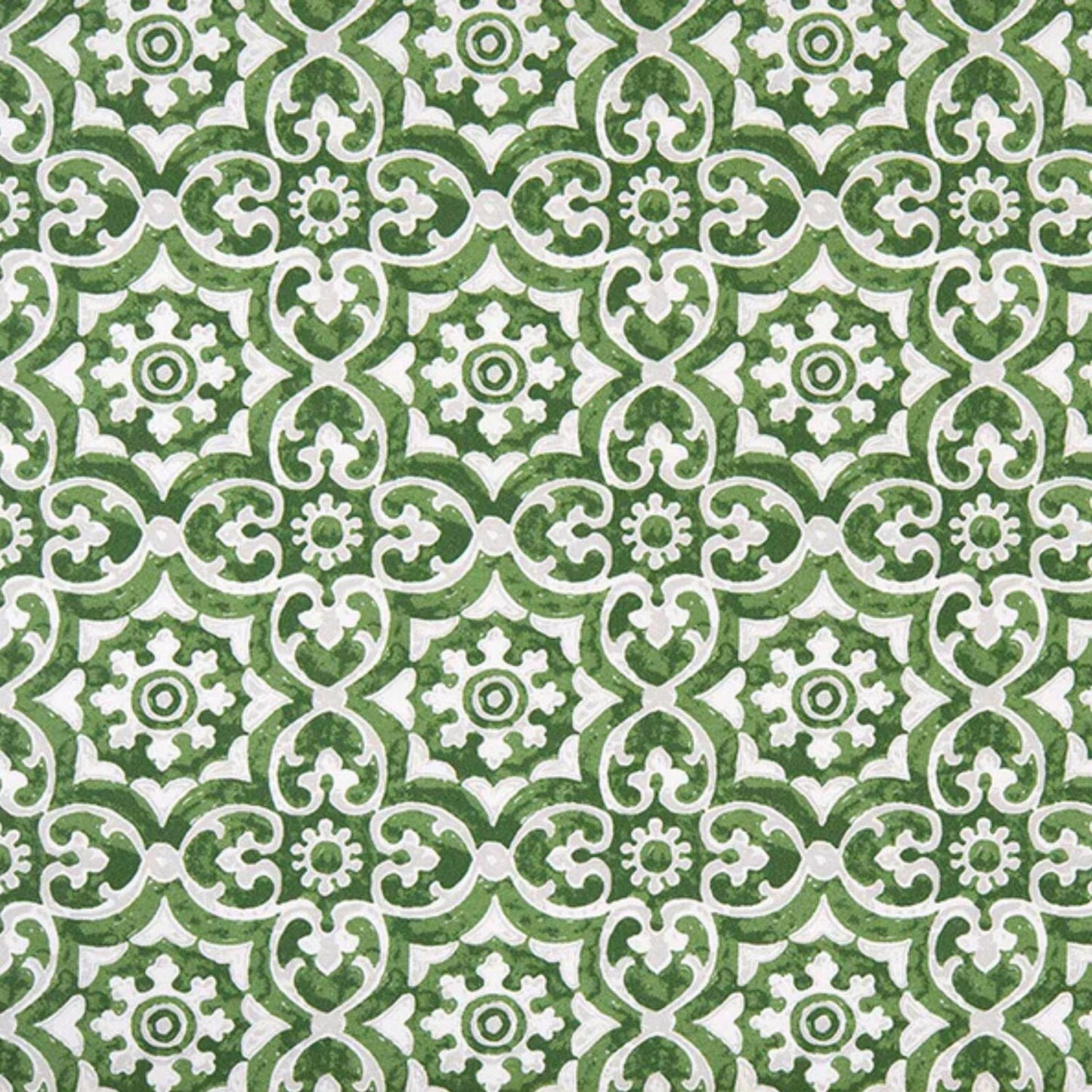 Green outdoor fabric with symmetrical tile pattern, exterior upholstery and decor fabric