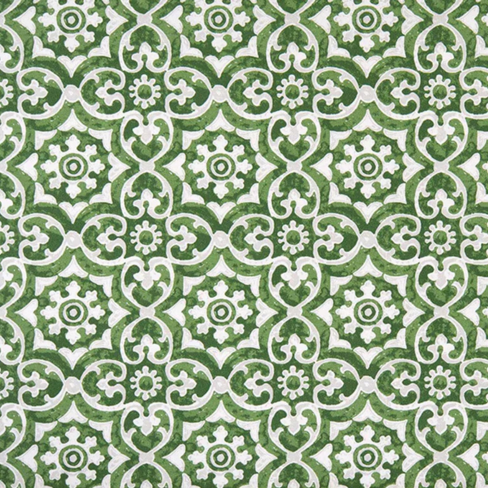 Green outdoor fabric with symmetrical tile pattern, exterior upholstery and decor fabric