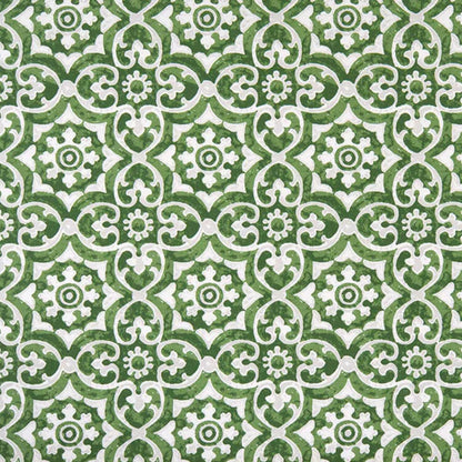 Green outdoor fabric with symmetrical tile pattern, exterior upholstery and decor fabric