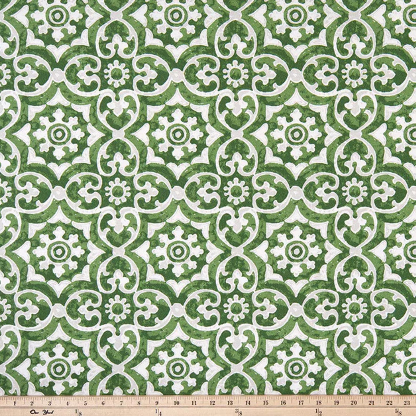 Green outdoor fabric with classic tile pattern, waterproof upholstery and patio fabric