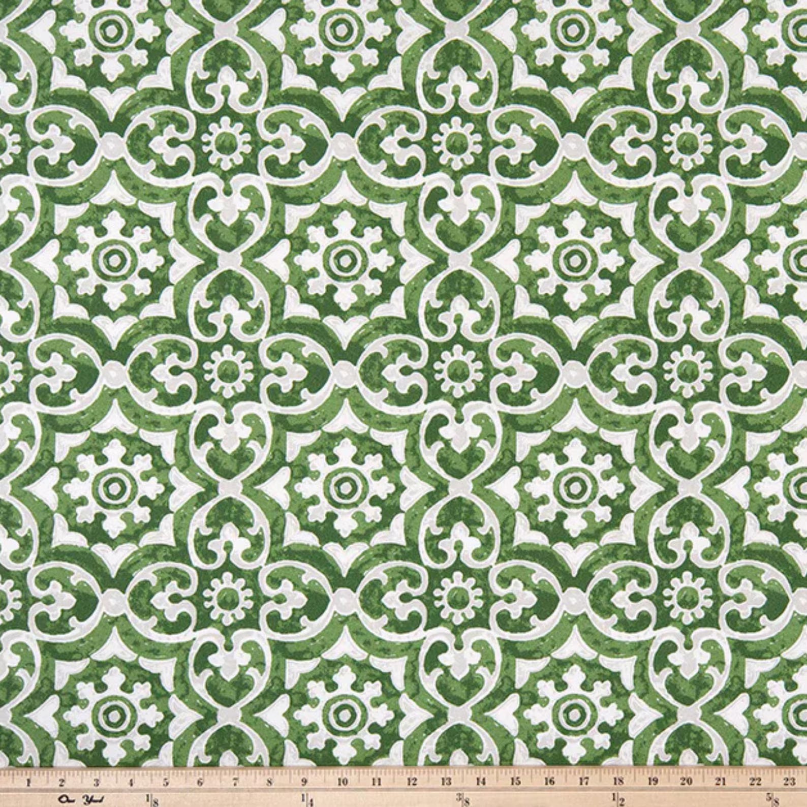 Green outdoor fabric with classic tile pattern, waterproof upholstery and patio fabric