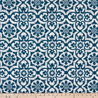 Blue outdoor fabric with intricate geometric tile design, exterior textile for cushions and upholstery