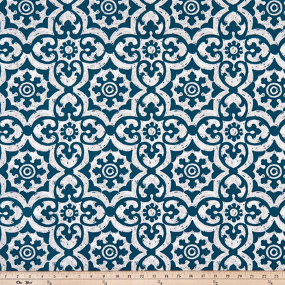 Blue outdoor fabric with intricate geometric tile design, exterior textile for cushions and upholstery