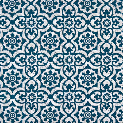 Blue outdoor fabric with repeating tile motif, durable patio and cushion fabric