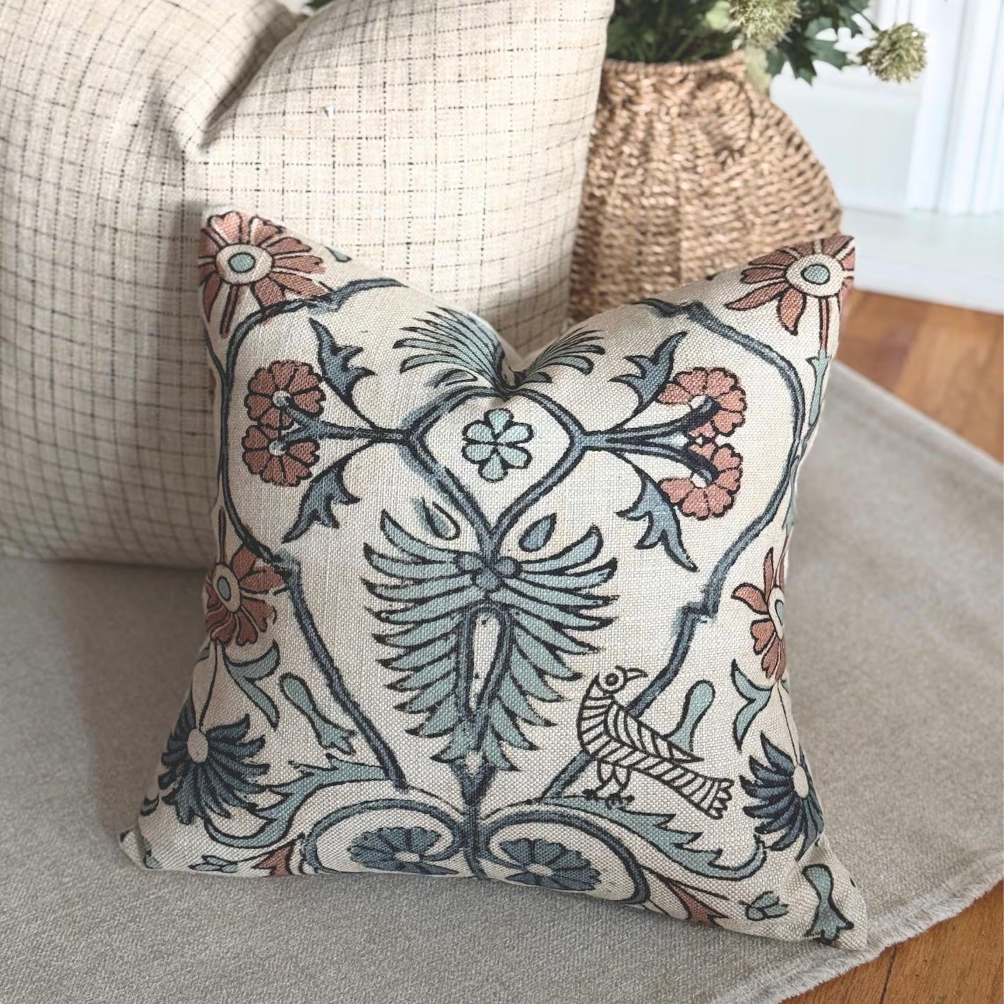 Whimsical Floral Vine and Bird Fabric- Romantic Cotton Textile by the Yard