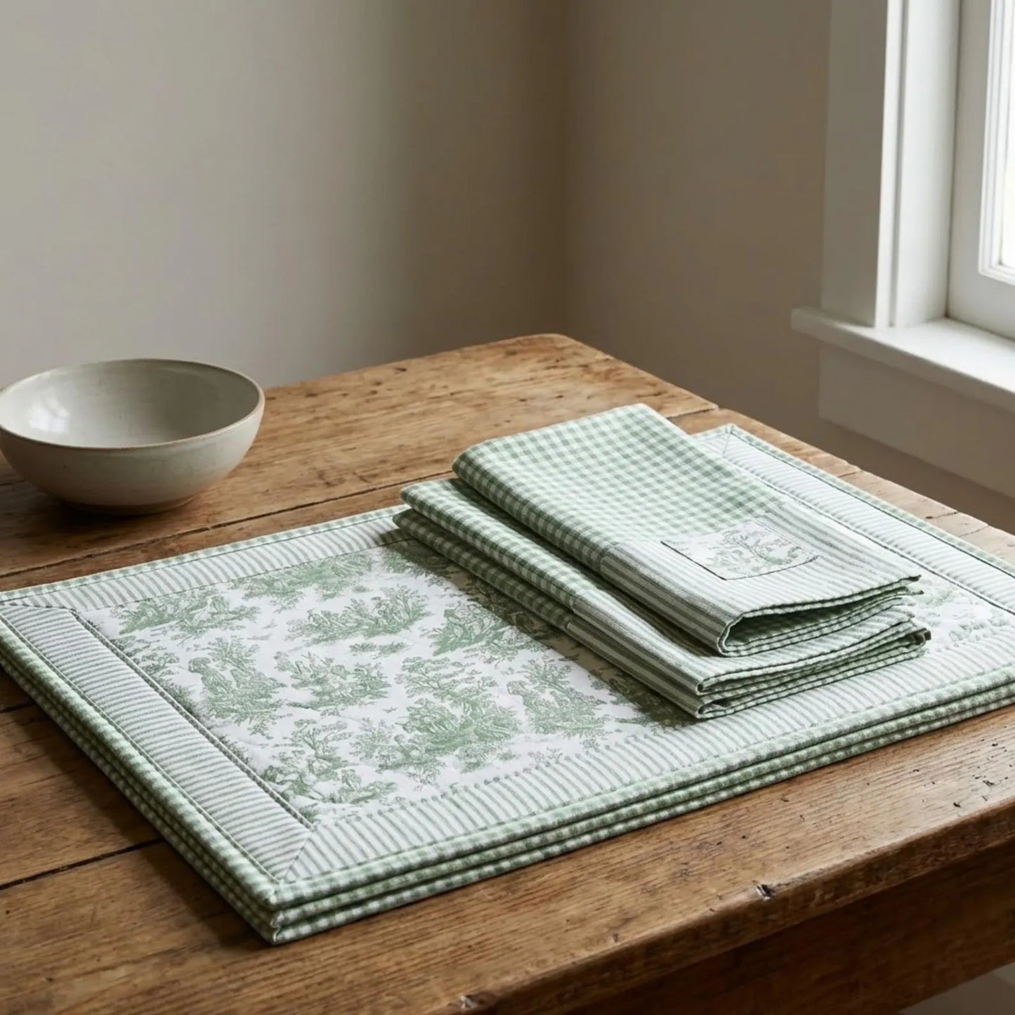 Sage Toile Gingham Cotton Fabric Vintage Cottagecore Decor Textile Kitchen Pillows Drapery Quilting DIY Projects