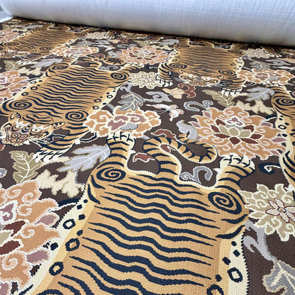 Brown Tibetan Tiger Chinoiserie Fabric by the Yard Cotton Upholstery