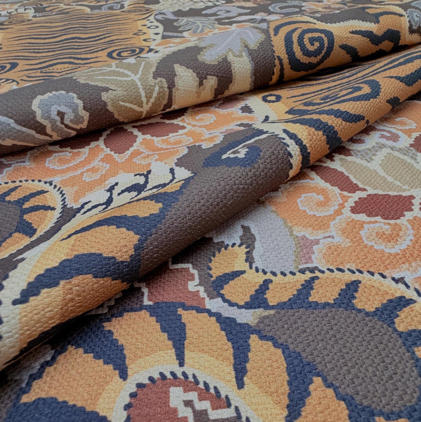 Brown Tibetan Tiger Chinoiserie Fabric by the Yard Cotton Upholstery