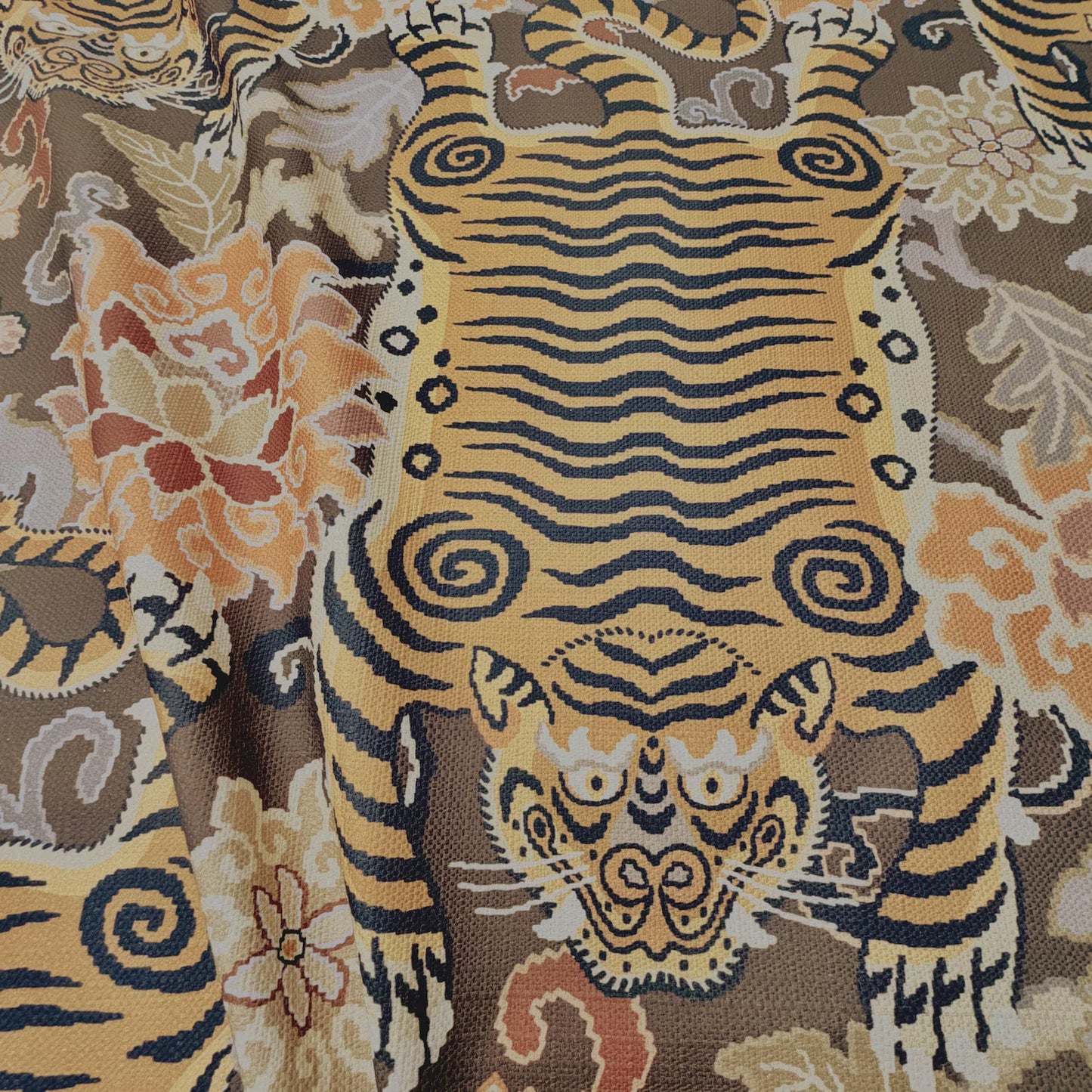 Brown Tibetan Tiger Chinoiserie Fabric by the Yard Cotton Upholstery