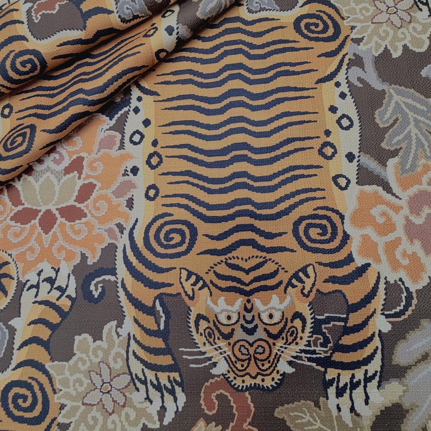 Brown Tibetan Tiger Chinoiserie Fabric by the Yard Cotton Upholstery
