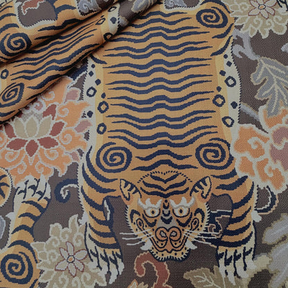 Brown Tibetan Tiger Chinoiserie Fabric by the Yard Cotton Upholstery