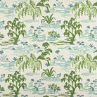 Mariglen Green willow and pond toile fabric by the yard on a natural linen look background, swatch with ruler