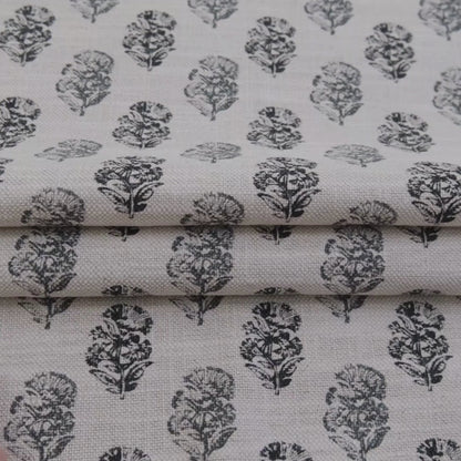 Charlotte Charcoal Block Print Floral Fabric- Cotton Linen Drapery Textile