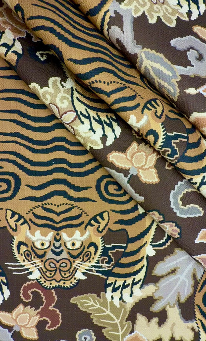 Brown Tibetan Tiger Chinoiserie Fabric by the Yard Cotton Upholstery