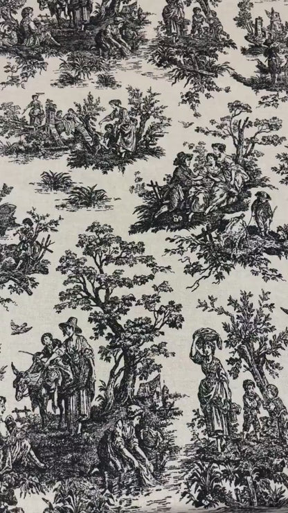 French Country Toile Black Cream Linen Fabric- Scenic Upholstery by the Yard