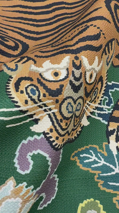 Emerald Green Tiger Chinoiserie Fabric by the Yard Cotton Upholstery