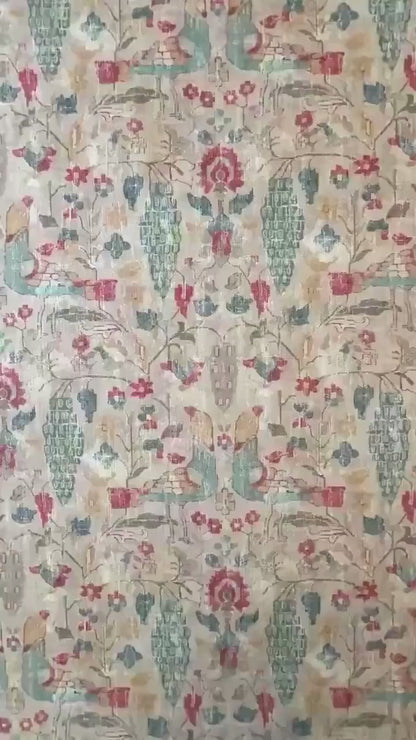 Elysian Fawn Bird and Floral Fabric- Designer Cotton for Upholstery
