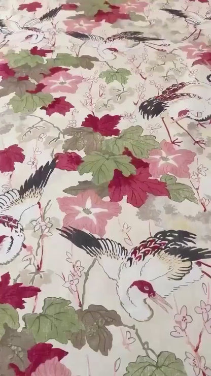 Ivory Crane Bird Print Cotton Fabric - Japanese-Inspired Textile for Home Decor