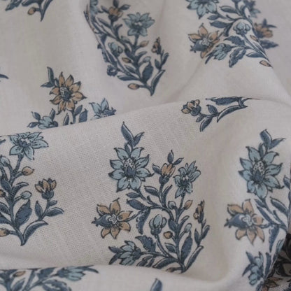 Blue Floral Block Print Fabric by the Yard- Handcrafted Cotton Textile for Curtains & Upholstery