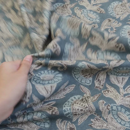 Slate Blue Floral Pattern Linen Blend Fabric- Upholstery & Home Decor