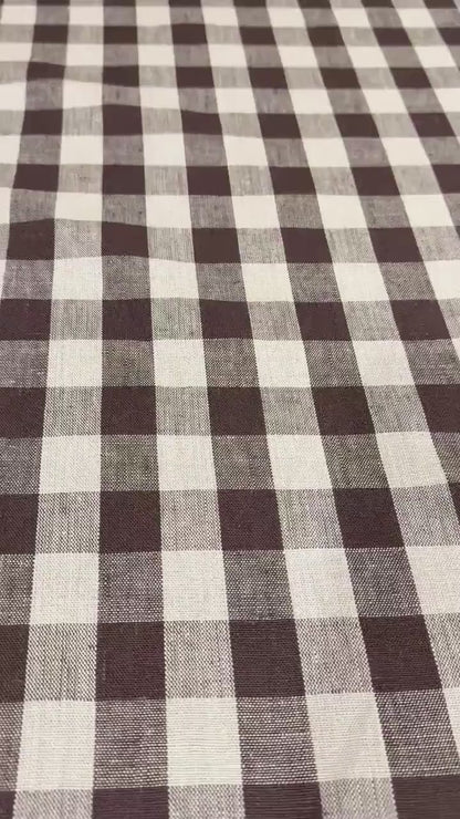 Tess Brown Check Linen Fabric- Rustic Tablecloth & Seasonal Decor