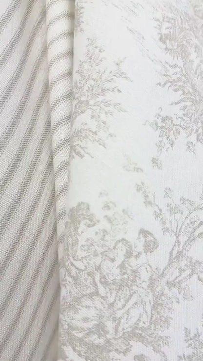 Oatmeal Toile Fabric by the Yard | French Country Gingham & Ticking Stripe Cotton Upholstery Fabric