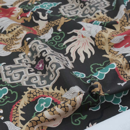 Dragon Print Chinoiserie Fabric - Vibrant Black & Gold Chinese Dragon Upholstery Fabric by the Yard - Luxury Grandmillennial Home Decor Textile