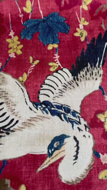 Plume Crimson Red Crane Patterned Fabric- Bird & Leaf Print for Home Decor
