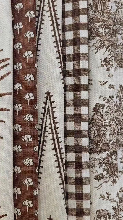 Brown Neutral Coordinating Fabric Set – Cotton Linen Upholstery Fabric by the Yard – Toile, Gingham & Stripe Designer Bundle