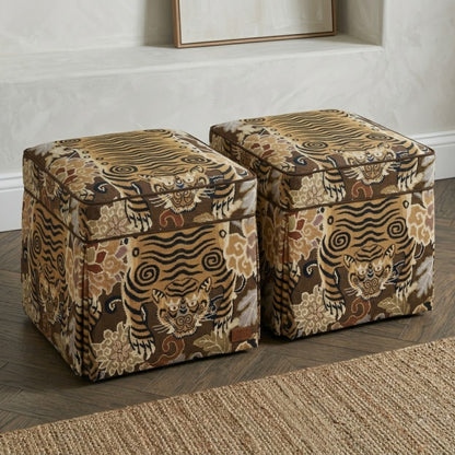 Brown Tibetan Tiger Chinoiserie Fabric by the Yard Cotton Upholstery