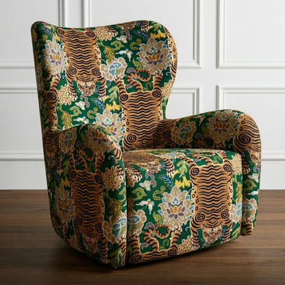 Emerald Green Tiger Chinoiserie Fabric by the Yard Cotton Upholstery