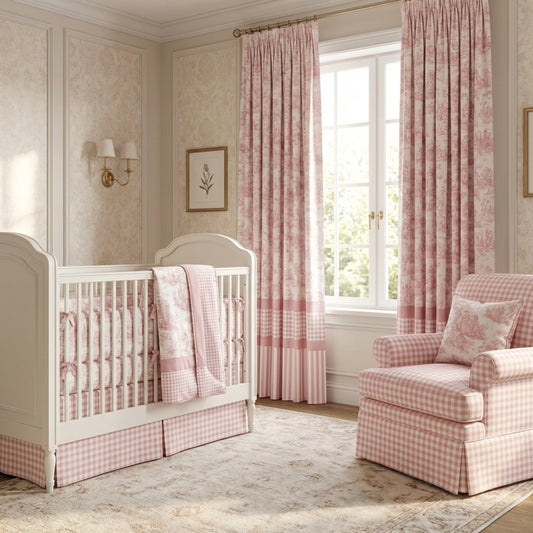 Soft Pink Toile Gingham and pinstripe Fabric